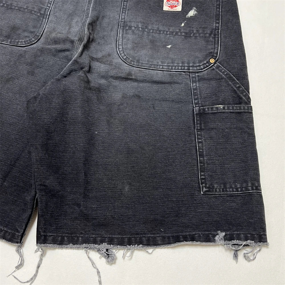 Black Nice Washed Damaged Saint DOUBLE KNEE Zipper Denim Shorts Men Women Oversized Shorts