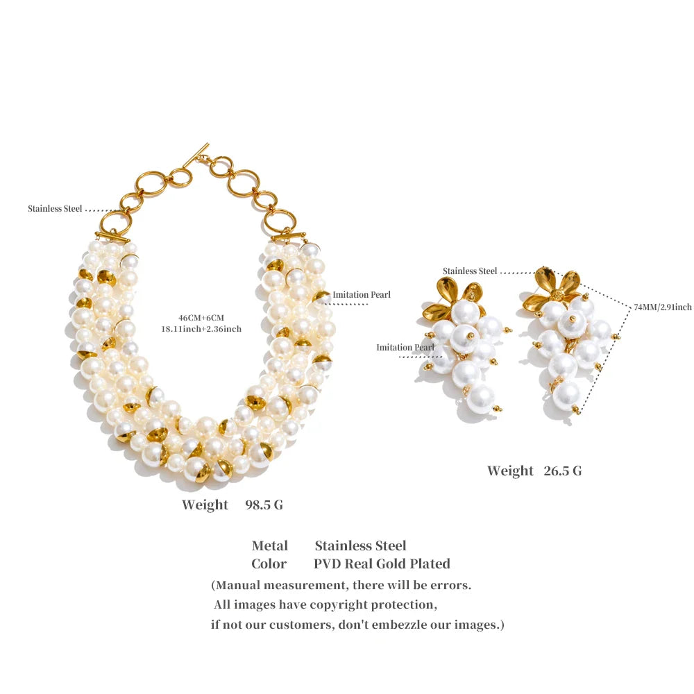 Yhpup Arrivals Handmade Jewelry Simulated Pearls Round Beads Chain Layered Necklace Earrings Stainless Steel Flower Chic Jewelry