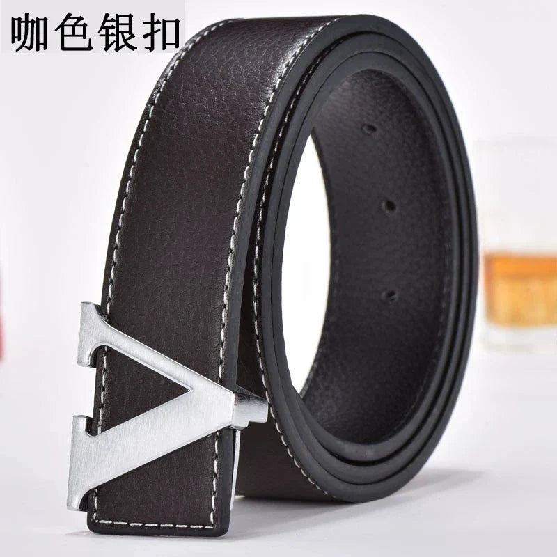 Men's high-end belt with smooth buckle; Korean style fashion trend letter V belt; men's belt