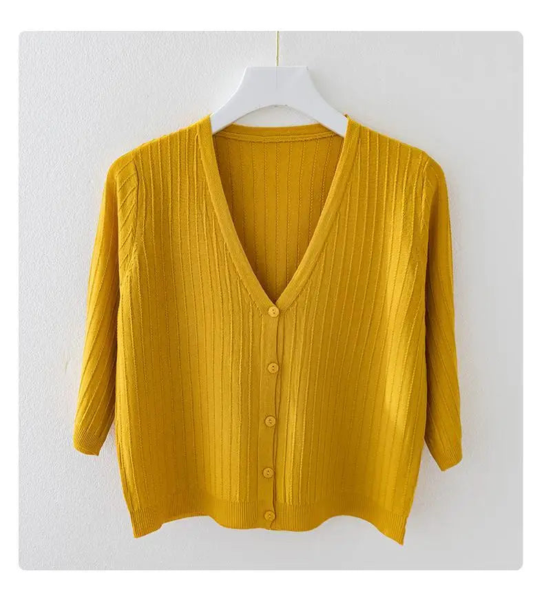 Fashion Women Solid Knitted Sweaters Coats Spring Summer Half Sleeve V-neck