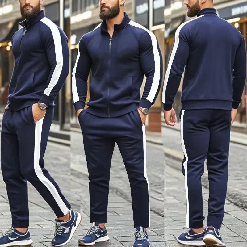 2025 Spring Autumn Men's 2-Piece Set Color Blocking Zipper Stand Collar Casual Sports Jacket Sweatshirt Trousers Suit