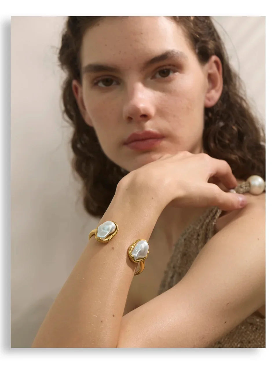 Yhpup 59mm Stainless Steel Baroque Simulated Pearls Cuff Bracelet Bangle Tarnish Resistant Gold Color Wrist Jewelry New