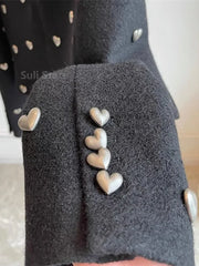 Autumn Winter Fashion Heart Buckle Black Wool Tweed Short Jacket Coat Women