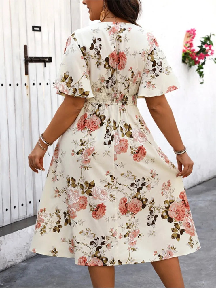 Plus Size Summer Flower Floral Print Midi Dress Women V-Neck Modis Sweet Ruffle Sleeve Ladies Dresses Loose Pleated Woman Dress