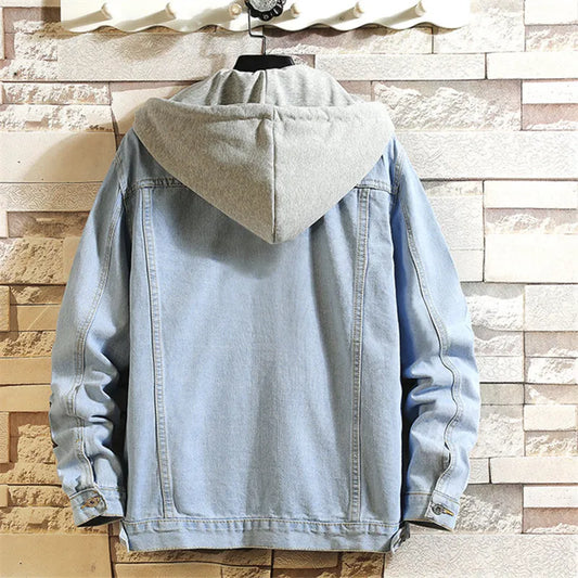 Fashion Hooded Denim Jacket Men Turn Down Collar Casual Jean Outerwear