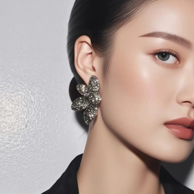 ZAA Vintage Gothic Black Rhinestone Flower Earrings for Women Fashion Holiday Party Jewelry Gifts New