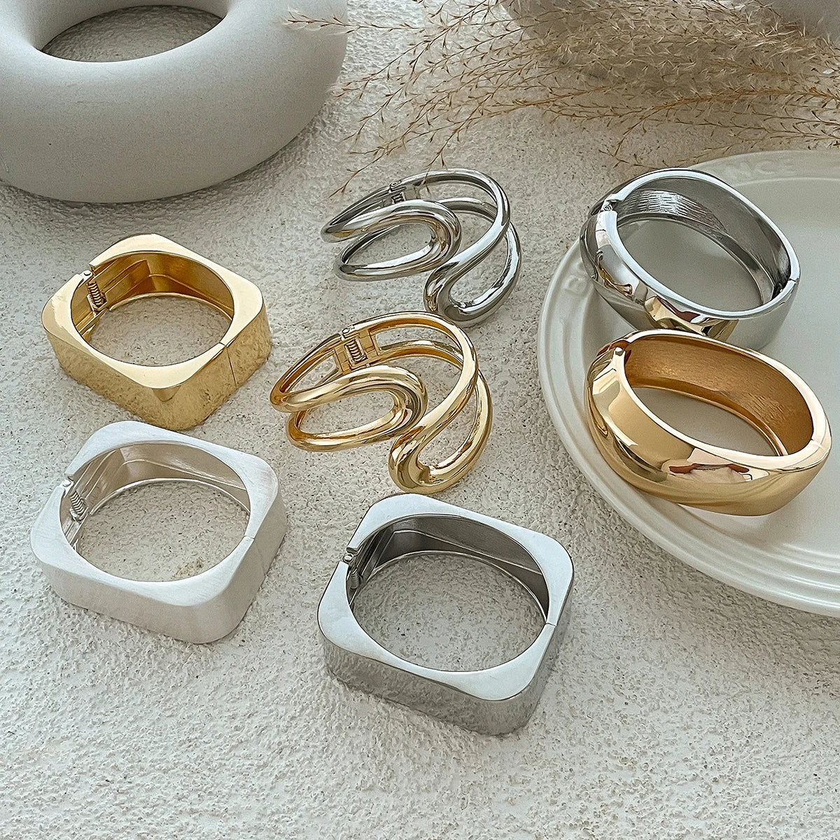 KunJoe Punk Hollow Out Geometric Cuff Spring Bangles for Women Personalized Heavy Metal Chunky Wide Open Bracelet Arm Jewelry