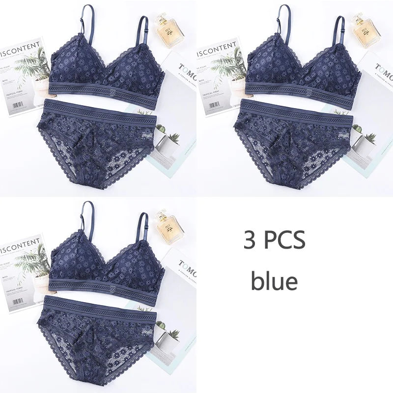 3 Piece Set Bra Lace Beauty Back Suit Underwear Gather Seamless