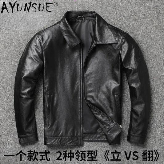 Genuine Leather Jacket Men Vintage Natural Cowskin Coat