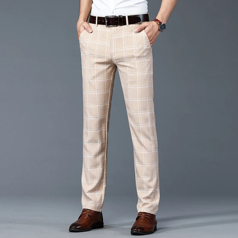 Plaid Work Stretch Pants Men Business Fashion Straight Grey Blue Casual Pant Male