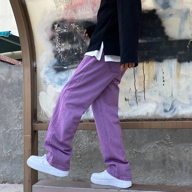 Korean Fashion Men Jeans Purple Green Loose Straight Vintage Casual Streetwear