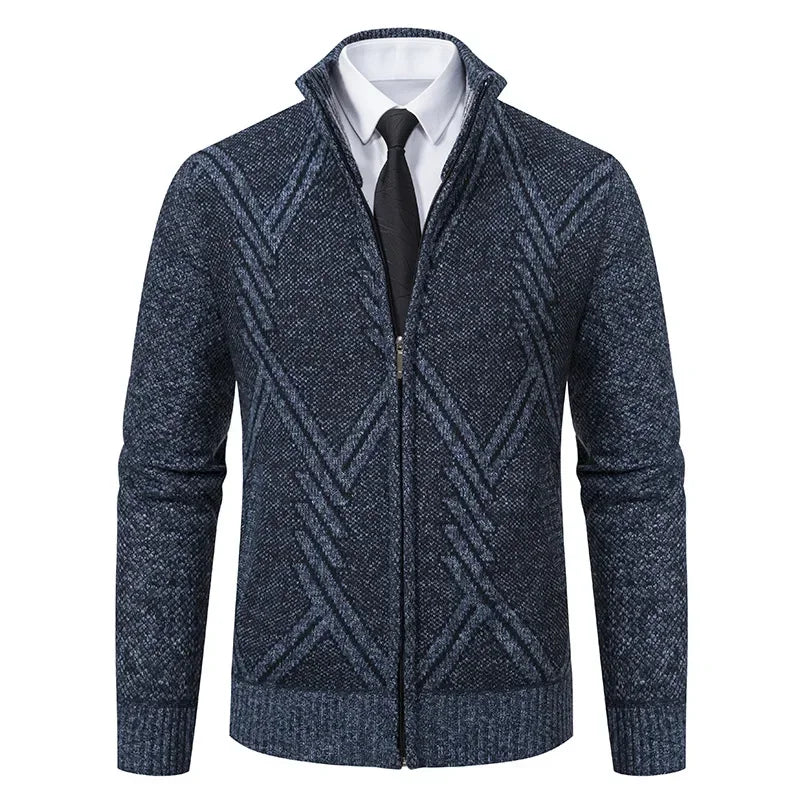 Winter Autumn Zip Knit Cardigan Men's Sweater Turtleneck Navy Knitted Fleece Coat