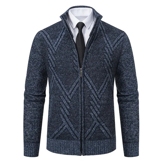 Winter Autumn Zip Knit Cardigan Men's Sweater Turtleneck Navy Knitted Fleece Coat