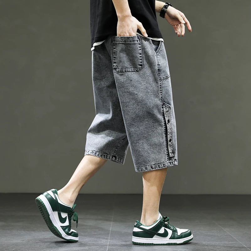 Korean Style Summer Men's Black Wide Leg Denim Shorts New Fashion Casual Baggy Short Jeans Male Plus Size 6XL 8XL YBR602