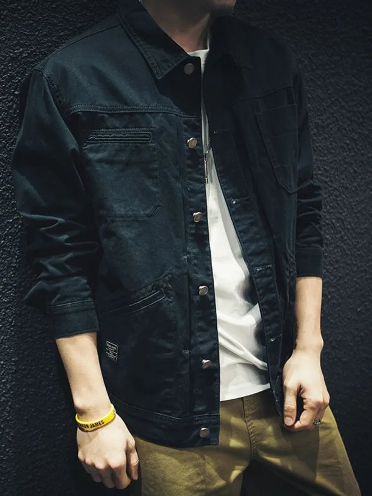 Vintage Cargo Denim Jacket Men's Washed Loose Casual Cotton Long Sleeve Jacket