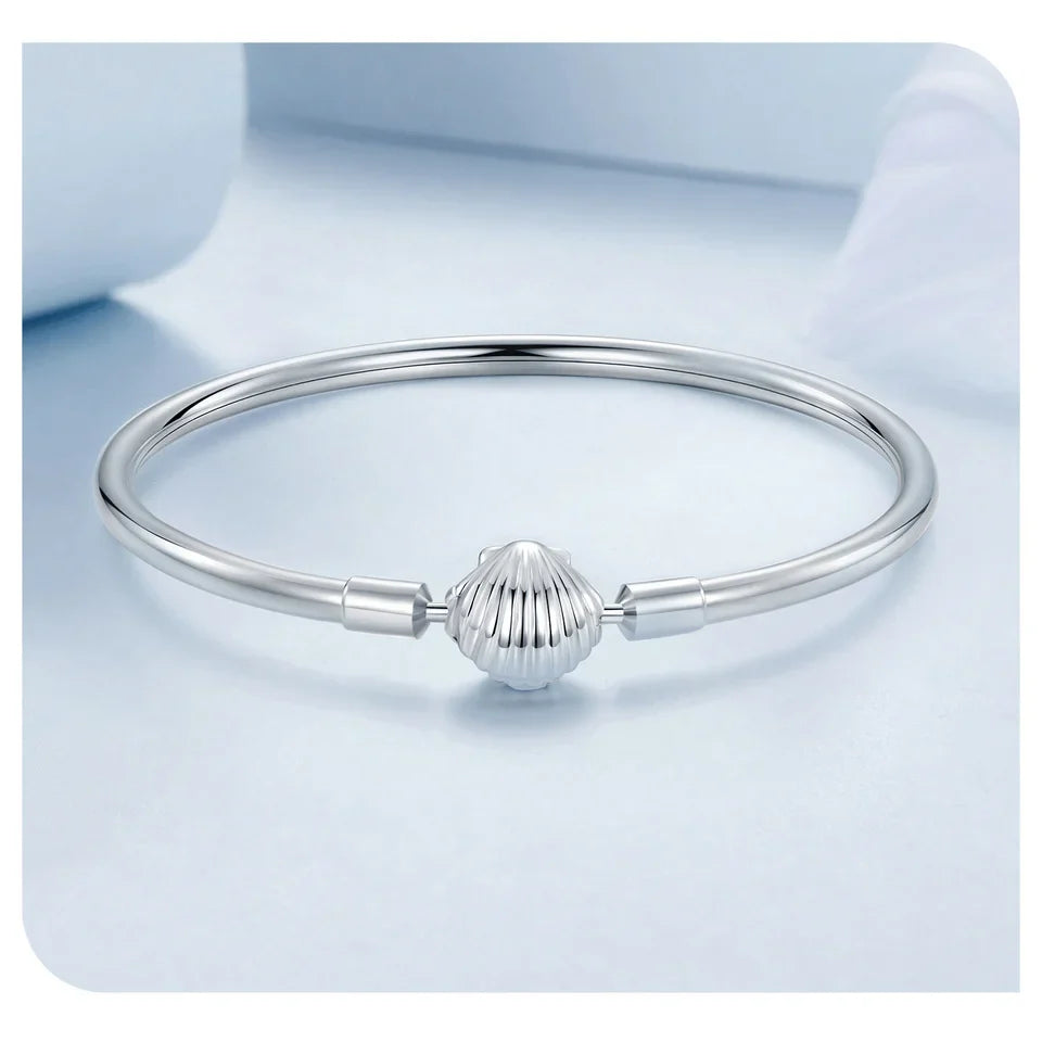 BAMOER Genuine 925 Sterling Silver Charm Glossy Bracelet Heart/Shell Clasp Basic Bangle Star Spacer Beads for Women DIY Jewelry
