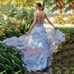 3D Flowers Blue Evening Exquisite Split Open Back Party V-Neck Gown Women Party Dress