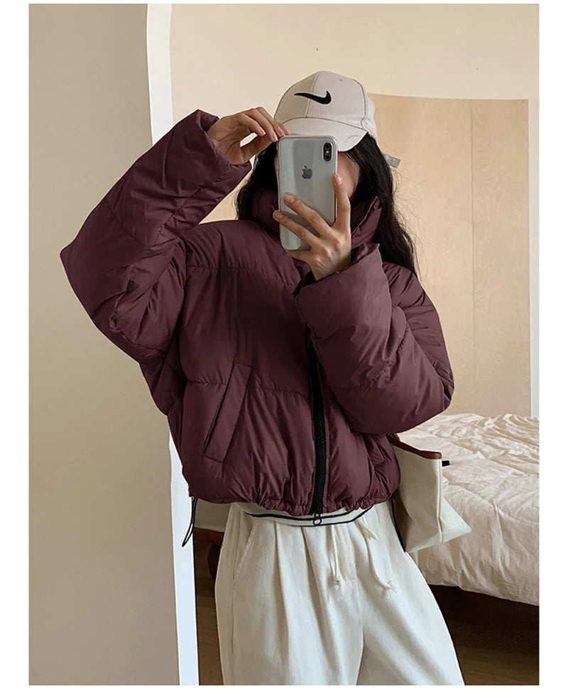 Korean Fashion Women Puffy Coats Simple Solid Loose Short Parkas Winter Thick