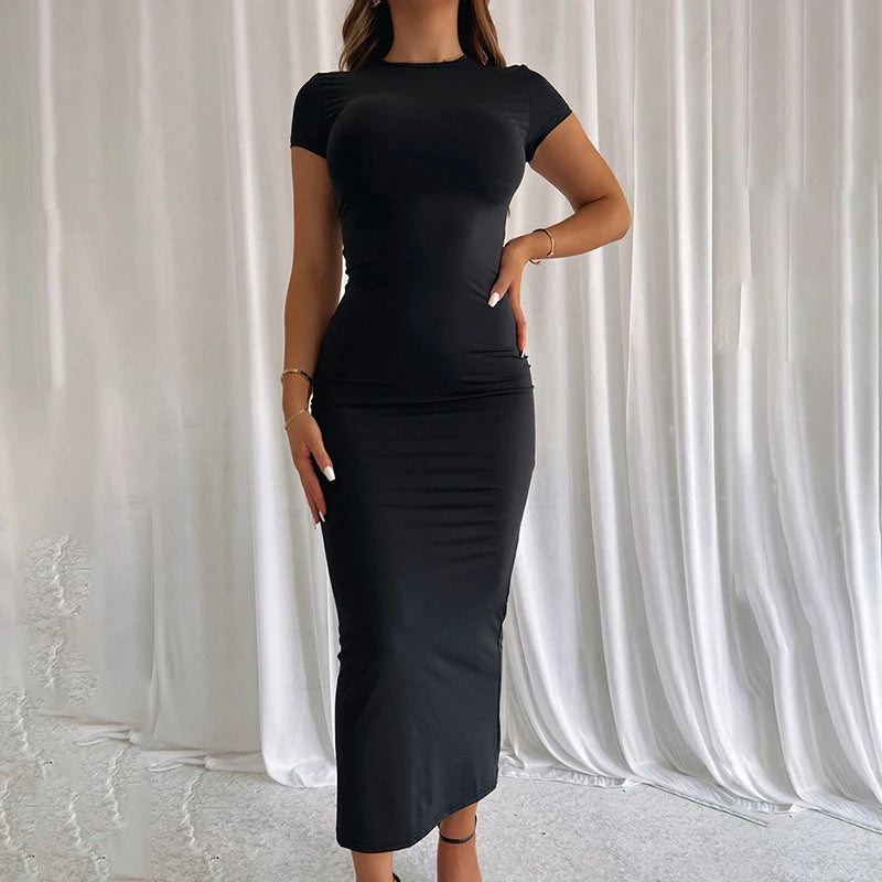 Evening Dresses: Women Solid Color Slim Short Sleeve Casual Pullover