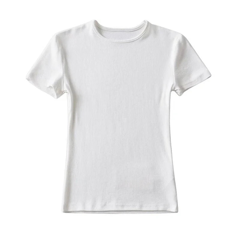 Casual Summer Woman Skinny Fit T-shirt Tight Short-Sleeve O-neck Tee Basic Solid Crop Tops T Shirt