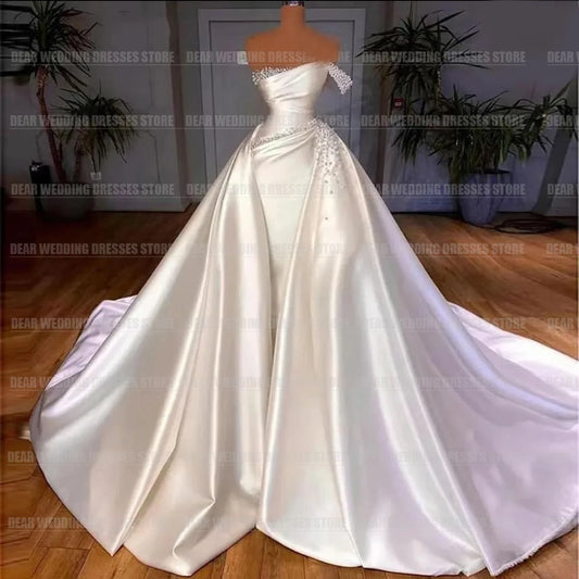 Train Mermaid Wedding Dresses For Woman Pearl Satin Formal Elegant Party