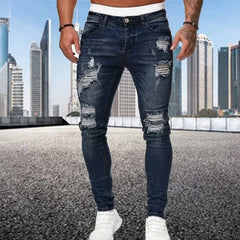 Ripped Skinny Jeans Men Vintage Wash Elastic Biker Holes Denim Pants Casual Slim