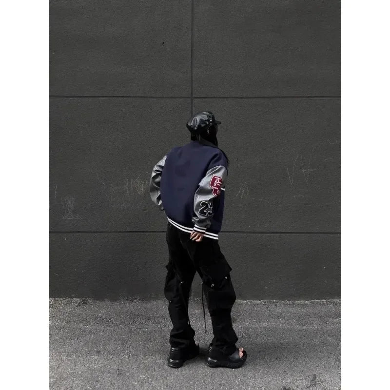 Letter Embroidery Bomber Jacket Men Women Autumn Winter Leather Sleeves