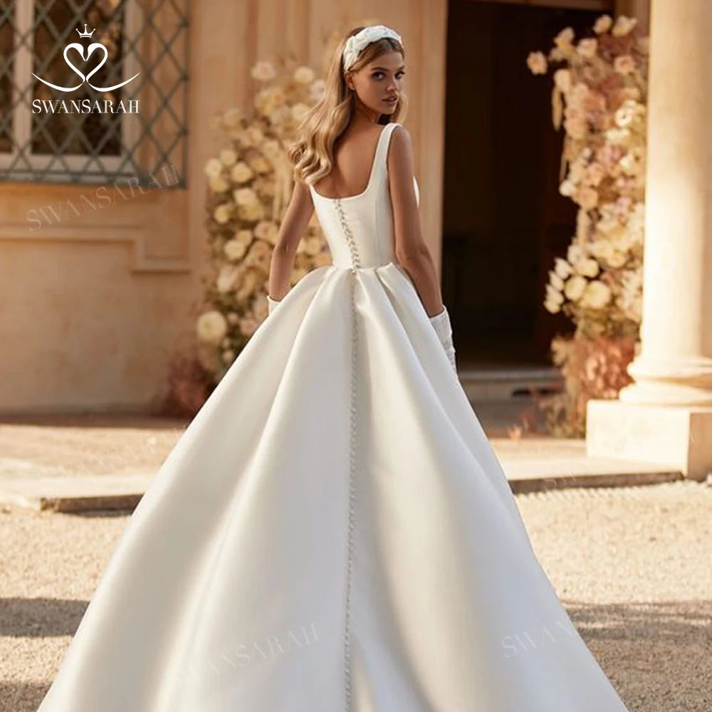 White Bridesmaid Dresses: Sleeveless A-Line Wedding Dress Square Collar