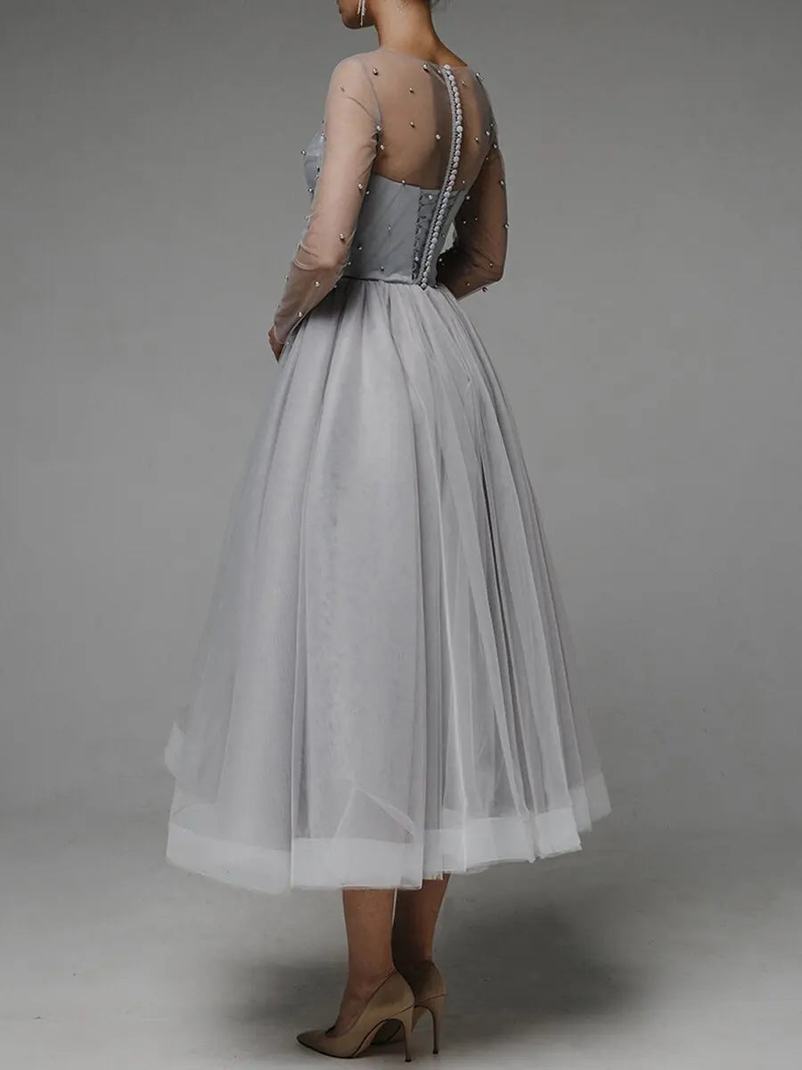 Evening Dresses O-Neck A-LINE Tea-Length Long Sleeved Lace of Formal Dress Women