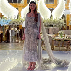Sharon Said Bling Gray Mermaid Arabic Evening Dress with Cape Luxury Feather Dubai Formal Dresses for Women Wedding Party SS279