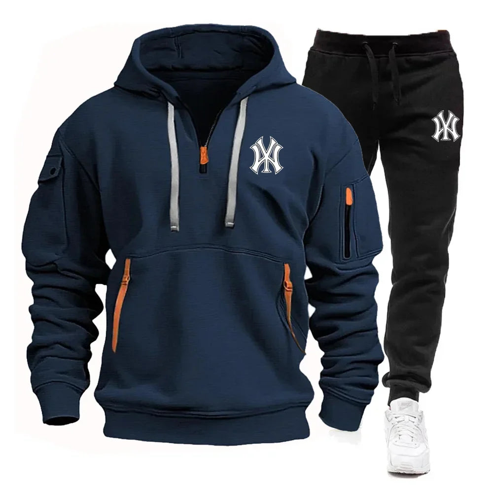 A stylish, casual and fitness two-piece set for men's autumn and winter 2025: zipper hoodie, long-sleeved pullovers and jogging