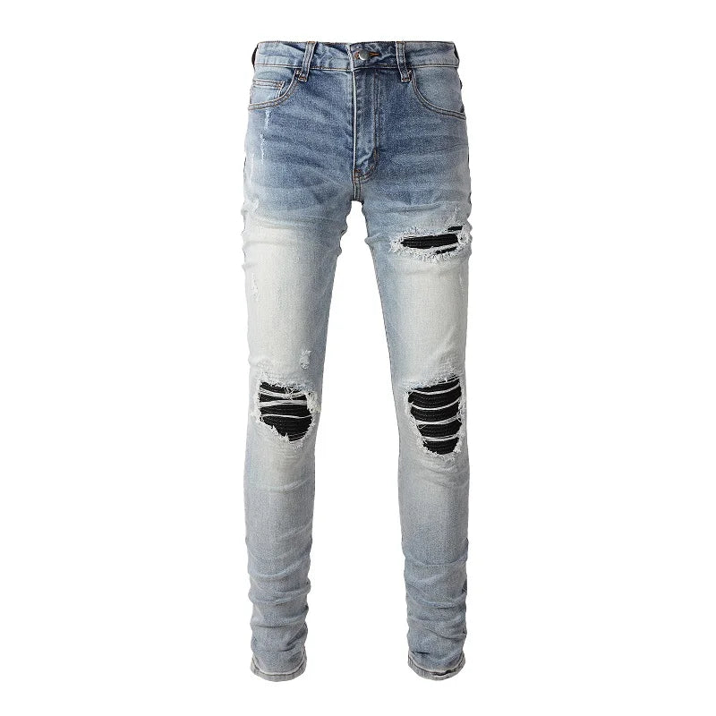 Men Leather Patches Denim Jeans Streetwear Holes Ripped High Stretch Pants