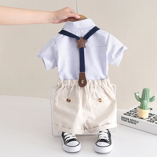 New Summer Kids Boy's Clothes Suits Children Blue Striped Shirt Bib Shorts 2Pcs/Set Gentleman Toddler Baby Tracksuits 0-5 Years
