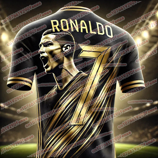 2025 New High end Luxury Cristiano Ronaldo Black Gold Commemorative Edition Sports T-shirt Outdoor Quick drying Through Jersey