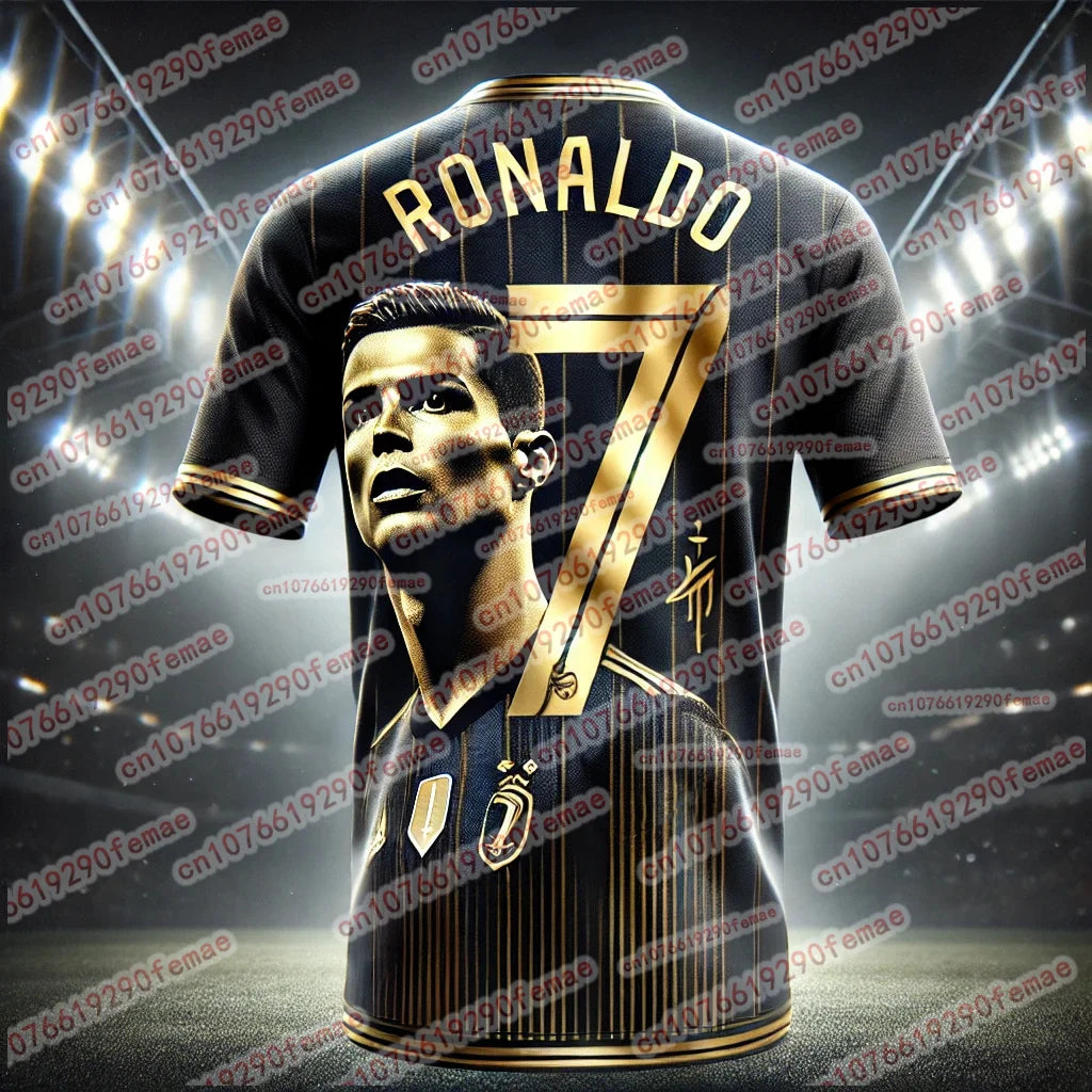 2025 New High end Luxury Cristiano Ronaldo Black Gold Commemorative Edition Sports T-shirt Outdoor Quick drying Through Jersey