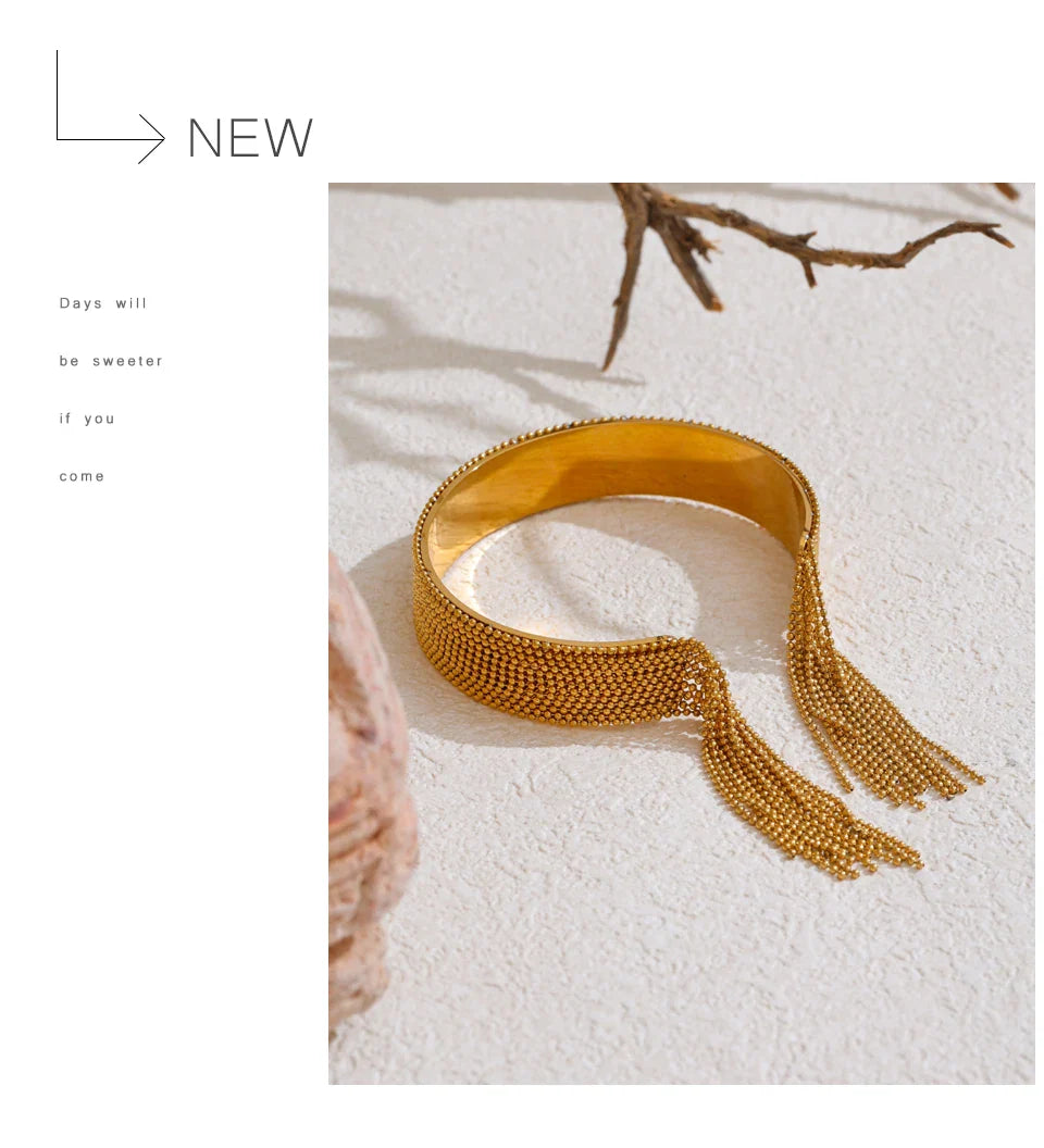 Yhpup Hot Style Stainless Steel Chain Tassel Cuff  Bracelet Bangle 18K Gold Color Plated Personality Fashion Charm Jewelry