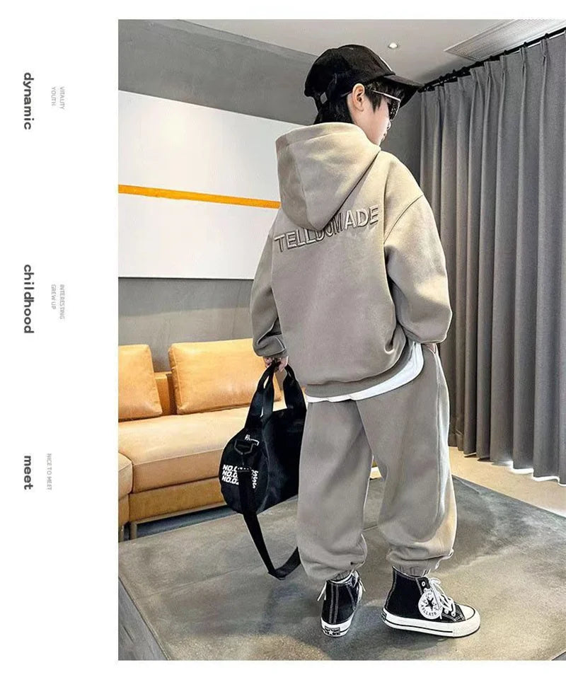 Autumn Boys Tracksuit Sets Teen Cotton Hooded Alphabet Workout Sweatshirt+Sweatpant 2Pcs Suits Spring Kids Sport Casual Outfits