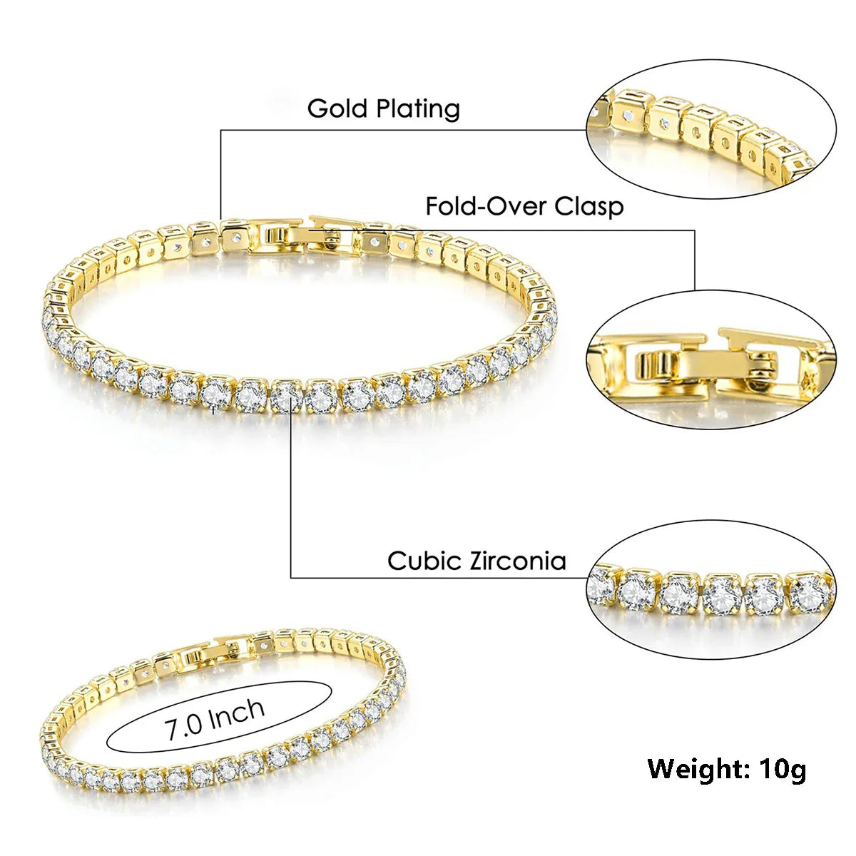 Cubic Zirconia Tennis Bracelet Gold Color Iced Out CZ Chain Bracelets For Women Men Hip Hop Bling Homme Fashion Jewelry Gift