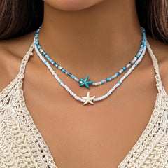 Layered Small Seed Beads Chains with Starfish Turtle Choker Necklace for Women