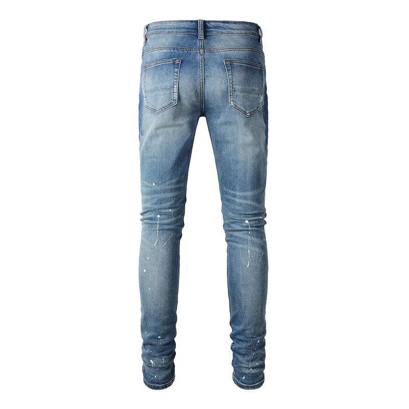 Men Crystal Stretch Denim Jeans Streetwear Painted Patch Skinny Tapered Pants