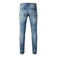 Men Crystal Stretch Denim Jeans Streetwear Painted Patch Skinny Tapered Pants