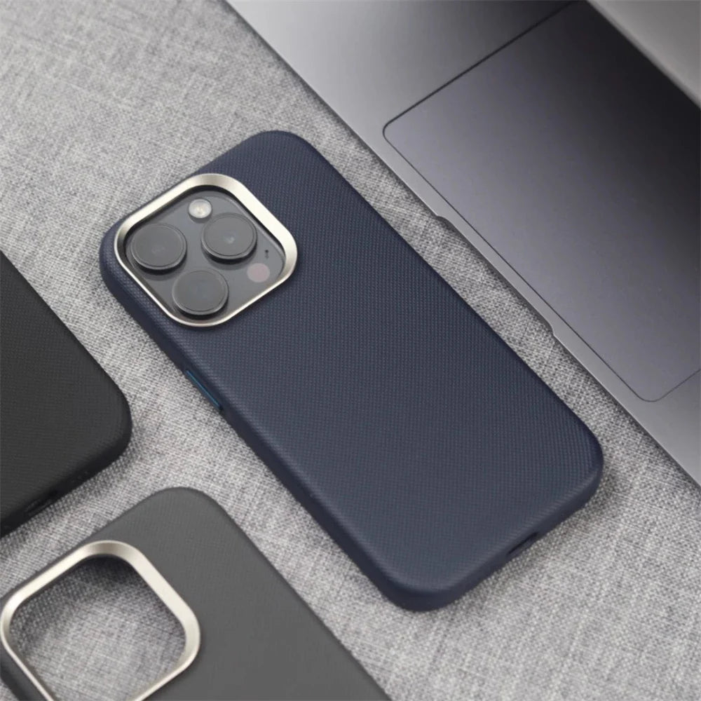 Luxury Alloy Lens Frame Particle PU Leather Magnetic Case For iPhone 17 16 Pro Max 15 14 13 For Magsafe Wireless Charging Cover