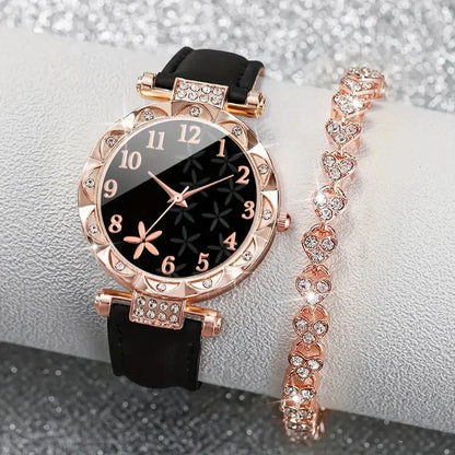 2PCS Women's Watch Set Luxury Trendy Flower Elements Digital Scale Dial Quartz Watch Suitable for Daily Clothing Matching