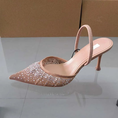 2024 Summer New Women's Sandals Water Diamond Bright Mesh High Heels Footwear Elegant Slingback Pointed Slip on Party Lady Shoes