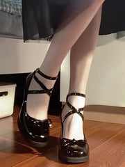 Black Retro Cross-Tie Pumps Casual Summer Marry Janes Round Toe Shoes Ladies