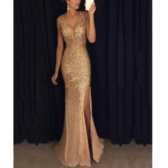 Evening wear Dresses: Split Gilded Long Evening Dress Fashion Flash