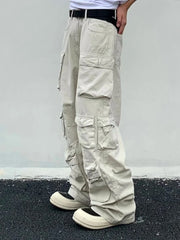 Popular Rice White Multi-pockets Overalls Harajuku stays Men Loose Casual Trousers