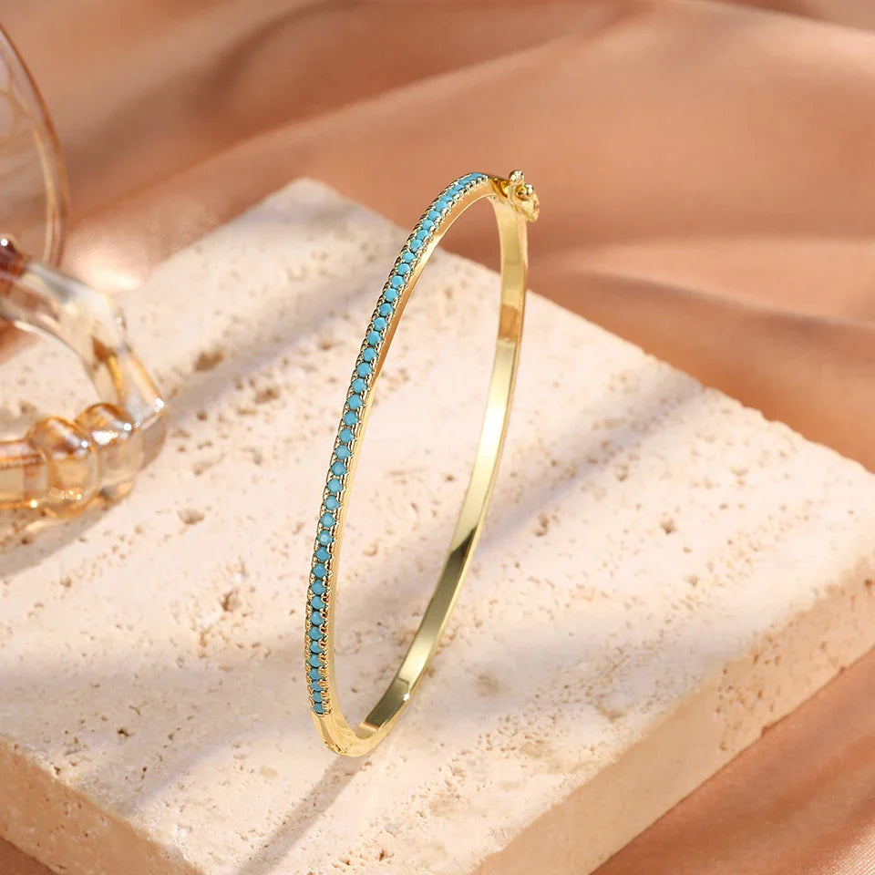Yupsk 1Pcs Gypsophila Turquoise Zircon Thin Bracelet for Women Minimalist Fashion Shiny CZ Bangle Wedding Party Jewelry Gift