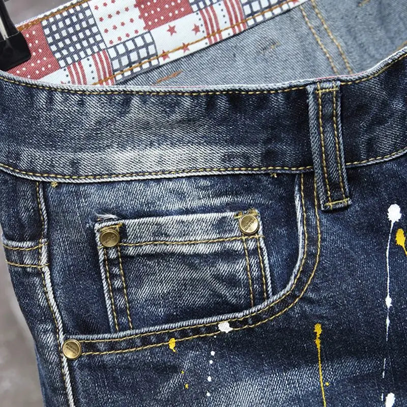 2025 Summer New Fashion Men's Graffiti Ripped Short Jeans Casual Slim Big Hole Retro Style Denim Shorts Male Brand Clothes