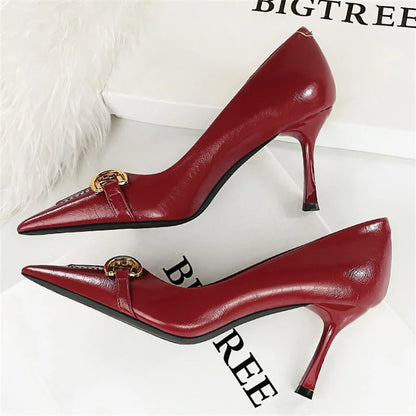 Women 8cm High Heels Stiletto Pumps Pointed Toe Wine Red Middle Heels Office Lady Metal Chain Leather Wedding Prom Replica Shoes